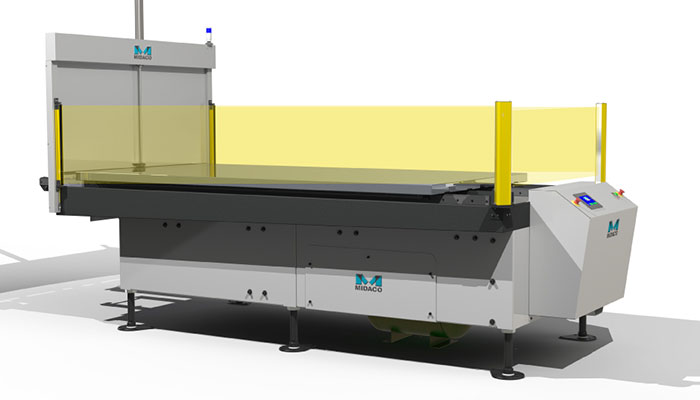 Rendering des automatischen Palettenwechslers von Midaco mit gelben Lichtstrahlen des CE-Lichtvorhangs.